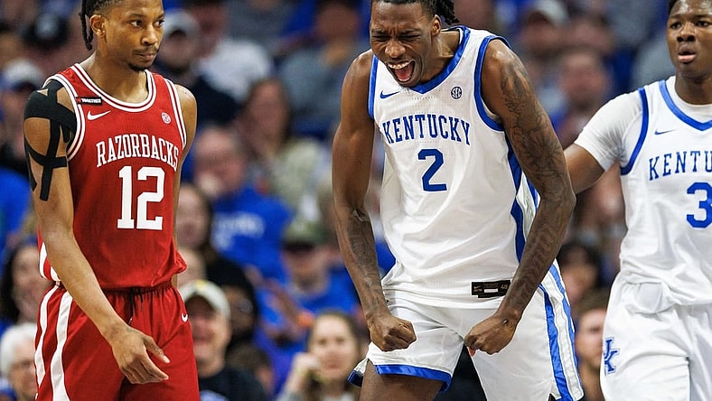 Mar 2, 2024; Lexington, Kentucky, USA; Kentucky Wildcats forward Aaron Bradshaw (2) celebrates after scoring a basket during the first half against the Arkansas Razorbacks at Rupp Arena at Central Bank Center. Mandatory Credit: Jordan Prather-USA TODAY Sports