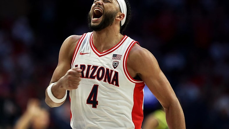 Mar 2, 2024; Tucson, Arizona, USA; Arizona Wildcats guard Kylan Boswell (4) celebrates after a three point basket against the Oregon Ducks during the first half at McKale Center. Mandatory Credit: Zachary BonDurant-USA TODAY Sports