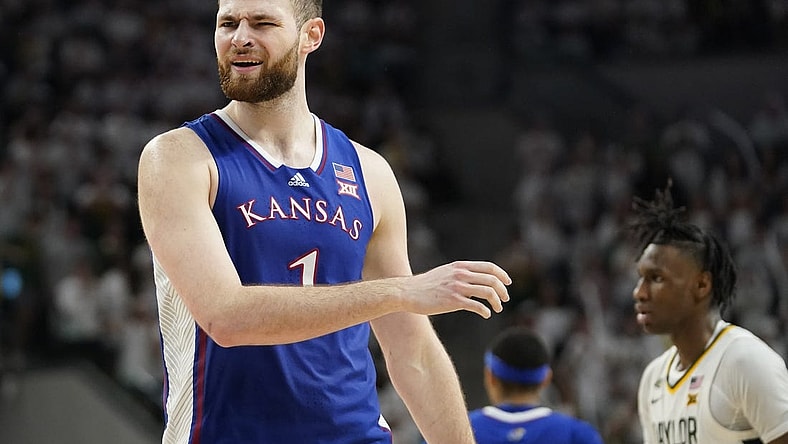 Mar 2, 2024; Waco, Texas, USA; Kansas Jayhawks center Hunter Dickinson (1) reacts to a foul call during the second half against the Baylor Bears at Paul and Alejandra Foster Pavilion. Mandatory Credit: Raymond Carlin III-USA TODAY Sports