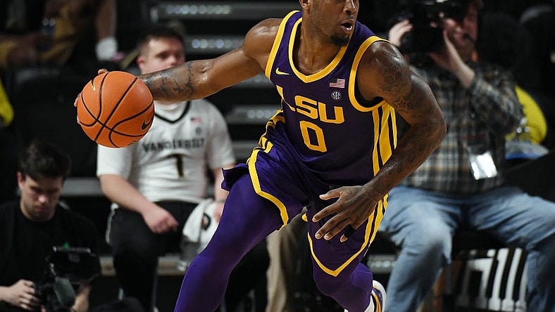 Mar 2, 2024; Nashville, Tennessee, USA; LSU Tigers guard Trae Hannibal (0) moves the ball up the floor after a rebound during the second half against the Vanderbilt Commodores at Memorial Gymnasium. Mandatory Credit: Christopher Hanewinckel-USA TODAY Sports