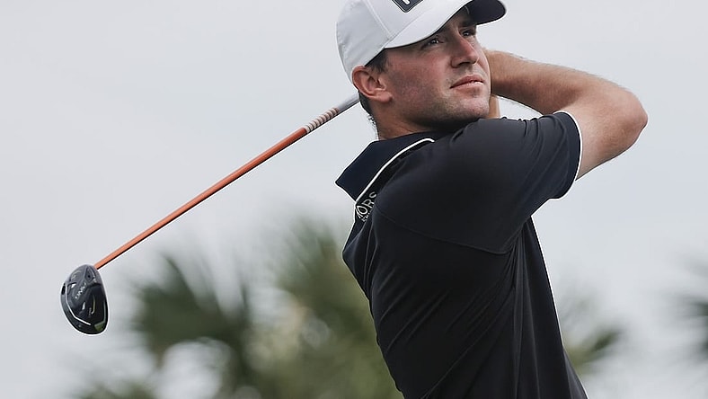 Mar 2, 2024; Palm Beach Gardens, Florida, USA; Austin Eckroat plays his shot from the fourth tee during the third round of the Cognizant Classic in The Palm Beaches golf tournament. Mandatory Credit: Reinhold Matay-USA TODAY Sports