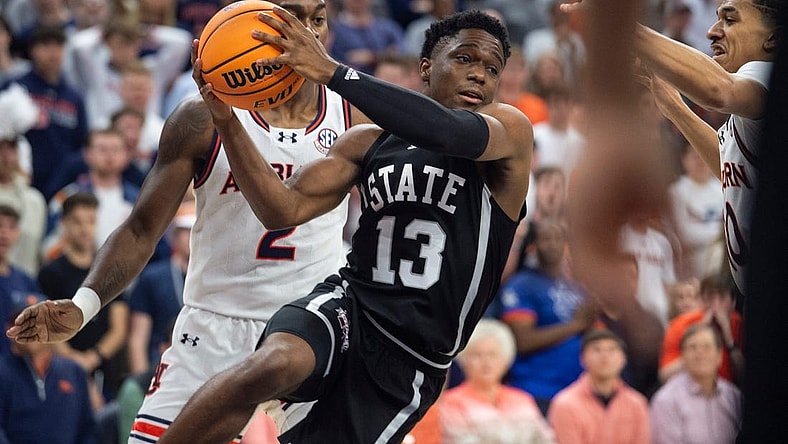 Mississippi State Bulldogs guard Josh Hubbard (13) drives the ball as Auburn Tigers take on Mississippi State Bulldogs at Neville Arena in Auburn, Ala., on Saturday, March 2, 2024. Auburn Tigers lead Mississippi State Bulldogs 39-22 at halftime.