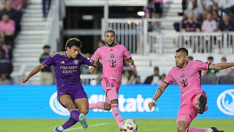 Mar 2, 2024; Fort Lauderdale, Florida, USA; Orlando City forward Ramiro Enrique (7) attempts a shot at goal during the second half against Inter Miami CF at Chase Stadium. Mandatory Credit: Sam Navarro-USA TODAY Sports