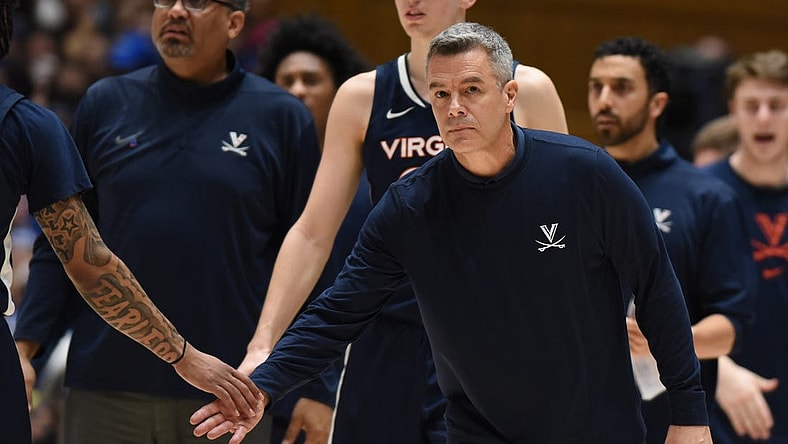 Mar 2, 2024; Durham, North Carolina, USA; Virginia Cavaliers head coach Tony Bennett greets players during a timeout in  the first half  against the Duke Blue Devils at Cameron Indoor Stadium. Mandatory Credit: Rob Kinnan-USA TODAY Sports