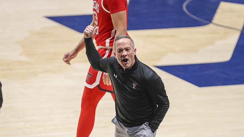 Mar 2, 2024; Morgantown, West Virginia, USA; Texas Tech Red Raiders head coach Grant McCasland argues a call during the first half against the West Virginia Mountaineers at WVU Coliseum. Mandatory Credit: Ben Queen-USA TODAY Sports