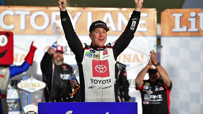 Mar 2, 2024; Las Vegas, Nevada, USA; NASCAR Xfinity Series driver John Hunter Nemechek (20) celebrates his victory of the Liuna 300 at Las Vegas Motor Speedway. Mandatory Credit: Gary A. Vasquez-USA TODAY Sports