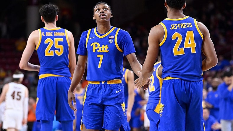 Mar 2, 2024; Chestnut Hill, Massachusetts, USA; Pittsburgh Panthers guard Carlton Carrington (7) and forward William Jeffress (24) react to game action during the second half against the Boston College Eagles at Conte Forum. Mandatory Credit: Eric Canha-USA TODAY Sports