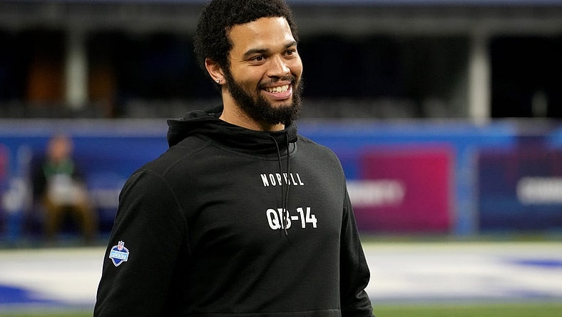Mar 2, 2024; Indianapolis, IN, USA; Southern California quarterback Caleb Williams (QB14) during the 2024 NFL Combine at Lucas Oil Stadium. Mandatory Credit: Kirby Lee-USA TODAY Sports