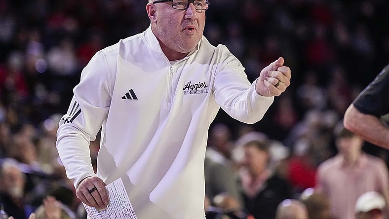 Mar 2, 2024; Athens, Georgia, USA; Texas A&M Aggies head coach Buzz Williams reacts during the game against the Georgia Bulldogs at Stegeman Coliseum. Mandatory Credit: Dale Zanine-USA TODAY Sports