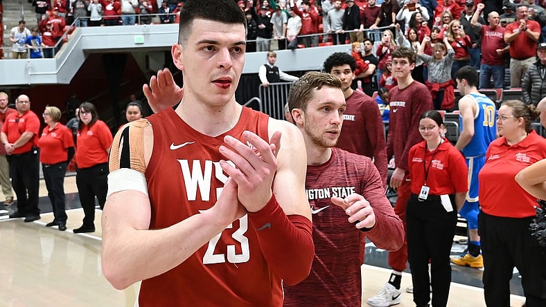 Mar 2, 2024; Pullman, Washington, USA; Washington State Cougars forward Andrej Jakimovski (23) walks off the court after a game against the UCLA Bruins at Friel Court at Beasley Coliseum. Washington State Cougars won 77-65. Mandatory Credit: James Snook-USA TODAY Sports