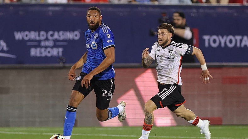 Mar 2, 2024; Frisco, Texas, USA; CF Montreal defender George Campbell (24) controls the ball against FC Dallas forward Paul Arriola (7) during the first half at Toyota Stadium. Mandatory Credit: Andrew Dieb-USA TODAY Sports