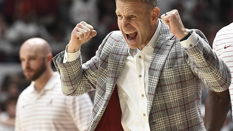 Mar 2, 2024; Tuscaloosa, Alabama, USA;  Alabama head coach Nate Oats cheers on his team as they play Tennessee at Coleman Coliseum. Mandatory Credit: Gary Cosby Jr.-USA TODAY Sports