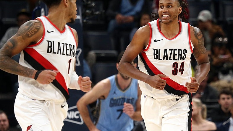 Mar 2, 2024; Memphis, Tennessee, USA; Portland Trail Blazers forward Jabari Walker (34) reacts during over time against the Memphis Grizzlies at FedExForum. Mandatory Credit: Petre Thomas-USA TODAY Sports