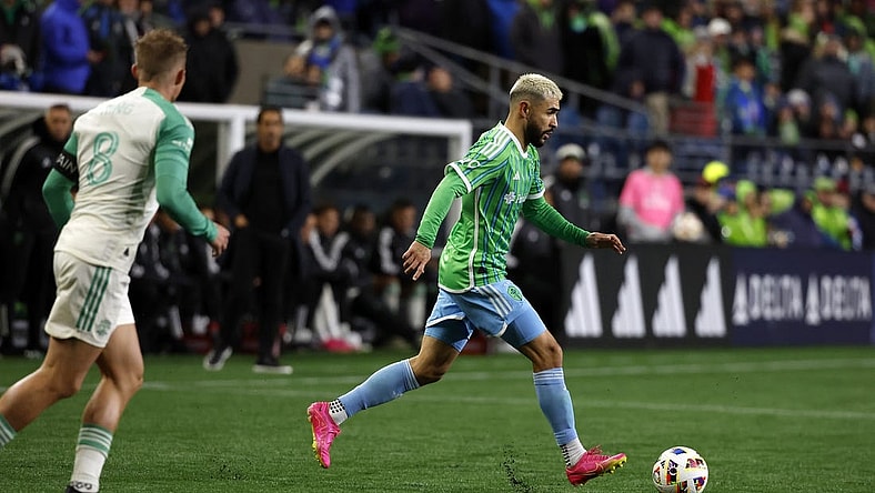 Mar 2, 2024; Seattle, Washington, USA; Seattle Sounders FC defender Alex Roldan (16) controls the ball against Austin FC midfielder Alex Ring (8) during the second half at Lumen Field. Mandatory Credit: Joe Nicholson-USA TODAY Sports
