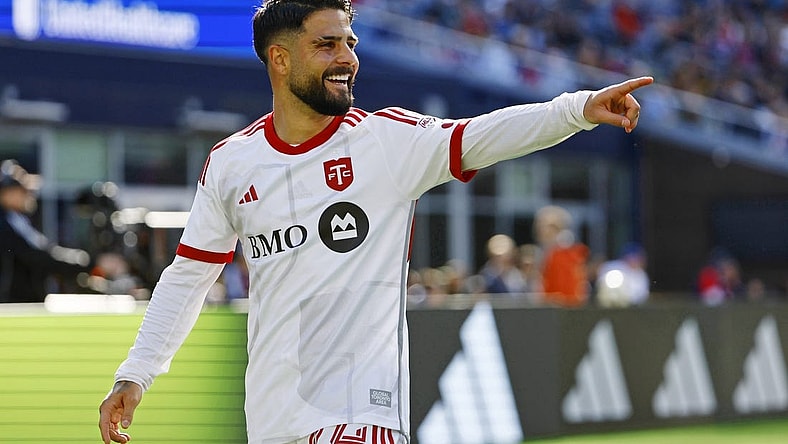 Mar 3, 2024; Foxborough, Foxborough, USA; Toronto FC forward Lorenzo Insigne (24) celebrates after scoring a goal against the New England Revolution during the first half at Gillette Stadium. Mandatory Credit: Winslow Townson-USA TODAY Sports