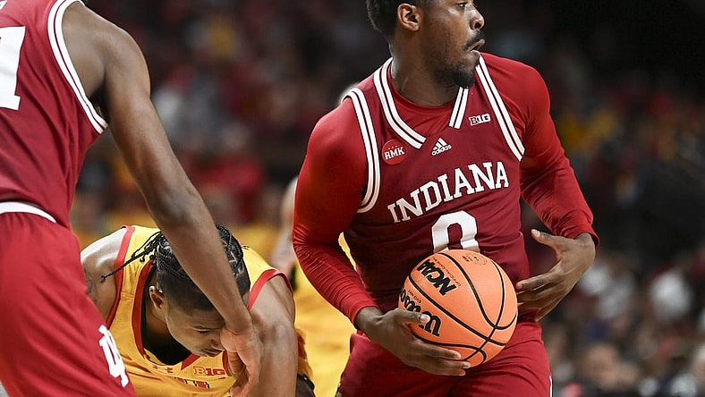Mar 3, 2024; College Park, Maryland, USA;  Indiana Hoosiers guard Xavier Johnson (0) steals the ball from from Maryland Terrapins forward Julian Reese (10) during the second half at Xfinity Center. Mandatory Credit: Tommy Gilligan-USA TODAY Sports