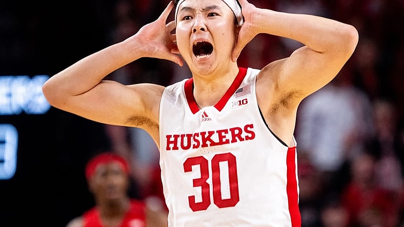 Mar 3, 2024; Lincoln, Nebraska, USA; Nebraska Cornhuskers guard Keisei Tominaga (30) reacts after making a 3-point shot against the Rutgers Scarlet Knights during the second half at Pinnacle Bank Arena. Mandatory Credit: Dylan Widger-USA TODAY Sports