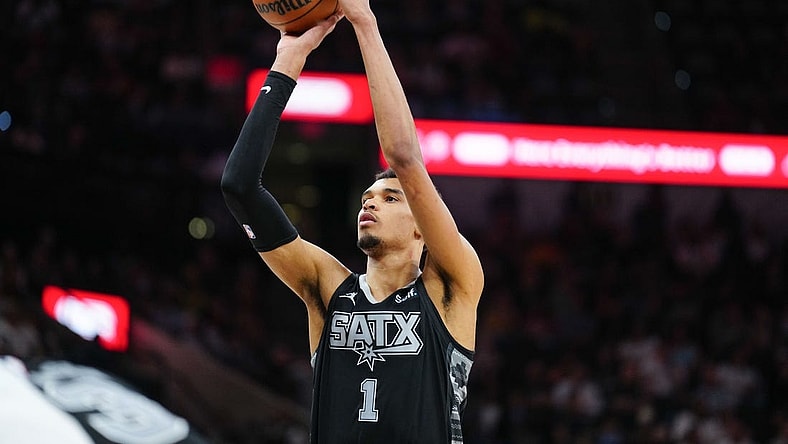 Mar 3, 2024; San Antonio, Texas, USA; San Antonio Spurs center Victor Wembanyama (1) shoots in the second half against the Indiana Pacers at Frost Bank Center. Mandatory Credit: Daniel Dunn-USA TODAY Sports