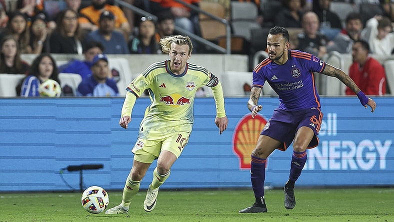 Mar 2, 2024; Houston, Texas, USA; New York Red Bulls midfielder Emil Forsberg (10) in action during the match against Houston Dynamo FC at Shell Energy Stadium. Mandatory Credit: Troy Taormina-USA TODAY Sports