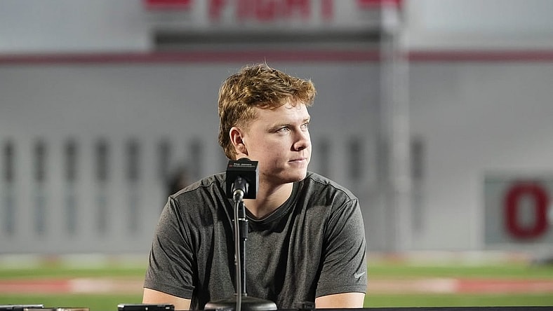 Mar 4, 2024; Columbus, OH, USA; Ohio State Buckeyes quarterback Devin Brown speaks to media at the start of spring practice at the Woody Hayes Athletic Center.