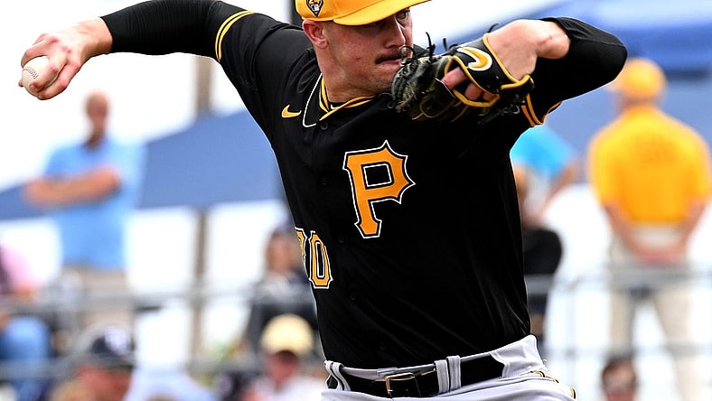 Mar 3, 2024; North Port, Florida, USA; Pittsburgh Pirates pitcher Paul Skenes (30) throws a pitch in the fourth inning of the spring training game against the Tampa Bay Rays at CoolToday Park. Mandatory Credit: Jonathan Dyer-USA TODAY Sports