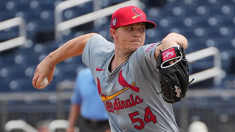 Mar 4, 2024; West Palm Beach, Florida, USA;  St. Louis Cardinals starting pitcher Sonny Gray (54) pitches against the Washington Nationals in the first inning at CACTI Ballpark of the Palm Beaches. Mandatory Credit: Jim Rassol-USA TODAY Sports