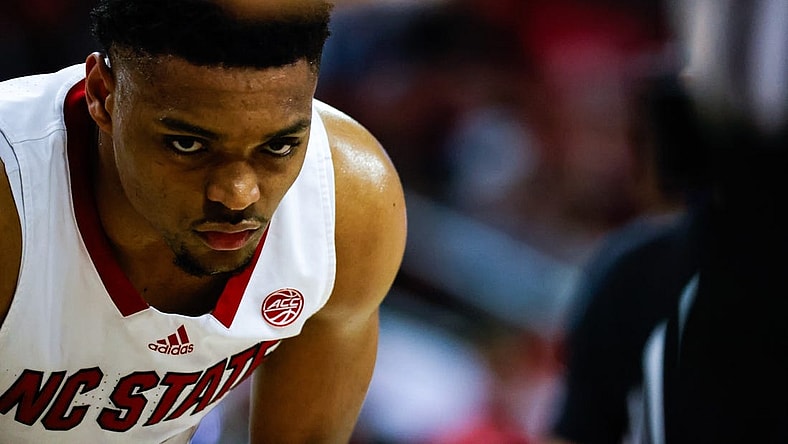 Mar 4, 2024; Raleigh, North Carolina, USA; North Carolina State Wolfpack guard Casey Morsell (14) eyes the ball during the first half against Duke Blue Devils at PNC Arena. Mandatory Credit: Jaylynn Nash-USA TODAY Sports
