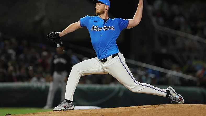 Mar 4, 2024; Jupiter, Florida, USA; Miami Marlins starting pitcher A.J. Puk (35) delivers a pitch against the New York Yankees during the first inning at Roger Dean Chevrolet Stadium. Mandatory Credit: Sam Navarro-USA TODAY Sports