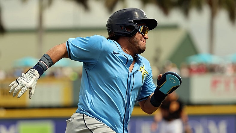 Mar 1, 2024; Bradenton, Florida, USA; Tampa Bay Rays first baseman Jonathan Aranda (62) runs home to score a run during the first inning against the Pittsburgh Pirates at LECOM Park. Mandatory Credit: Kim Klement Neitzel-USA TODAY Sports