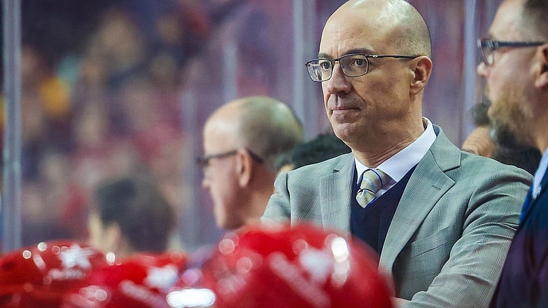 Mar 4, 2024; Calgary, Alberta, CAN; Calgary Flames head coach Ryan Huska on his bench against the Seattle Kraken during the second period at Scotiabank Saddledome. Mandatory Credit: Sergei Belski-USA TODAY Sports
