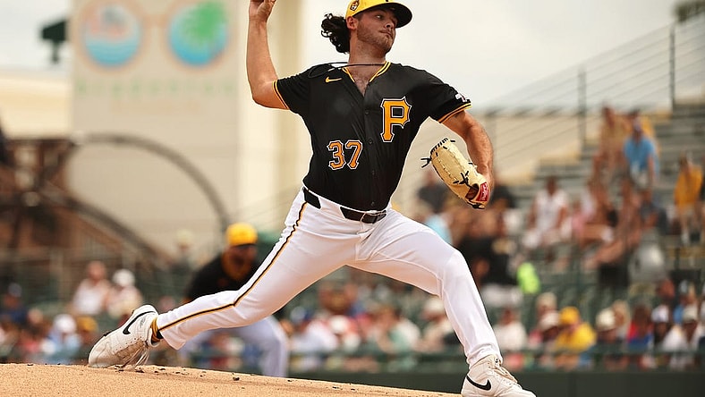 Mar 5, 2024; Bradenton, Florida, USA;  Pittsburgh Pirates starting pitcher Jared Jones (37) throws a pitch during the first inning against the Toronto Blue Jays at LECOM Park. Mandatory Credit: Kim Klement Neitzel-USA TODAY Sports