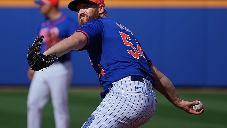 Mar 5, 2024; Port St. Lucie, Florida, USA;  New York Mets pitcher Austin Adams (54) warms-up in the seventh inning against the New York Yankees at Clover Park. Mandatory Credit: Jim Rassol-USA TODAY Sports