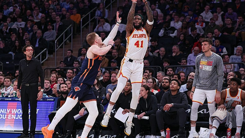 Mar 5, 2024; New York, New York, USA; Atlanta Hawks forward Saddiq Bey (41) shoots against New York Knicks guard Donte DiVincenzo (0) during the first half at Madison Square Garden. Mandatory Credit: Vincent Carchietta-USA TODAY Sports