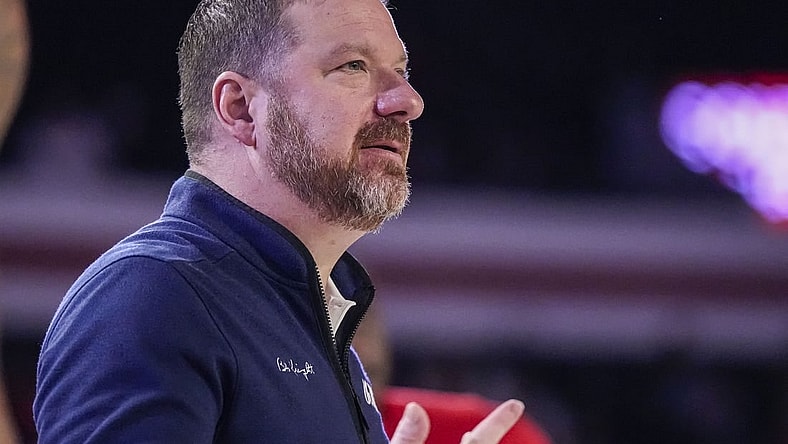 Mar 5, 2024; Athens, Georgia, USA; Mississippi Rebels head coach Chris Beard reacts on the sideline against the Georgia Bulldogs during the second half at Stegeman Coliseum. Mandatory Credit: Dale Zanine-USA TODAY Sports