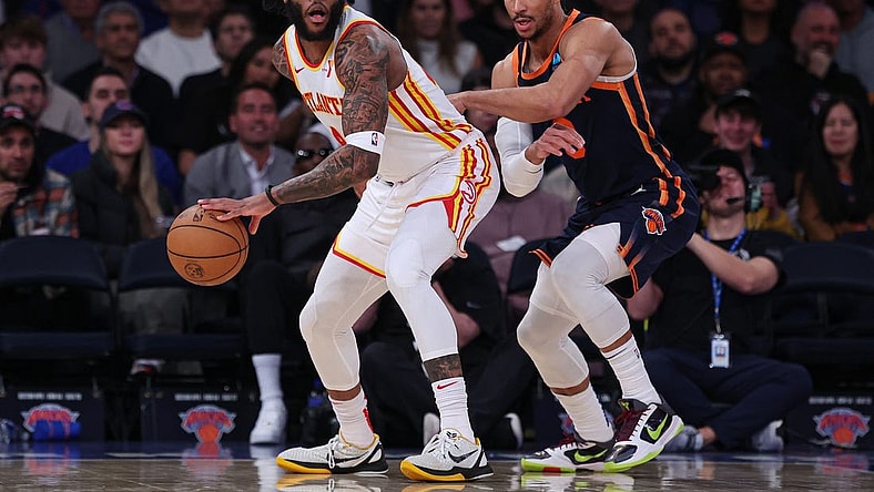 Mar 5, 2024; New York, New York, USA; Atlanta Hawks forward Saddiq Bey (41) dribbles against New York Knicks guard Josh Hart (3) during the second half at Madison Square Garden. Mandatory Credit: Vincent Carchietta-USA TODAY Sports