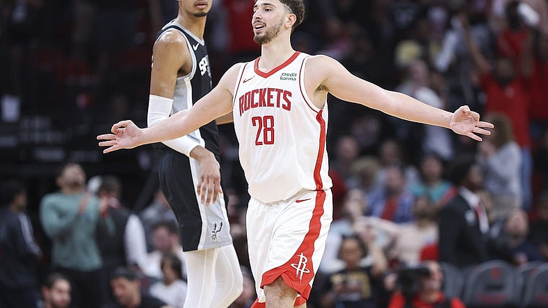 Mar 5, 2024; Houston, Texas, USA; Houston Rockets center Alperen Sengun (28) celebrates after scoring a basket during the fourth quarter against the San Antonio Spurs at Toyota Center. Mandatory Credit: Troy Taormina-USA TODAY Sports
