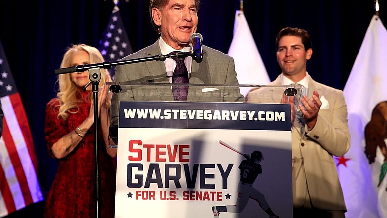Steve Garvey, Republican candidate for the open California U.S. Senate speaks during his election night watch party in Palm Desert, Calif., on Super Tuesday., March 5, 2024.