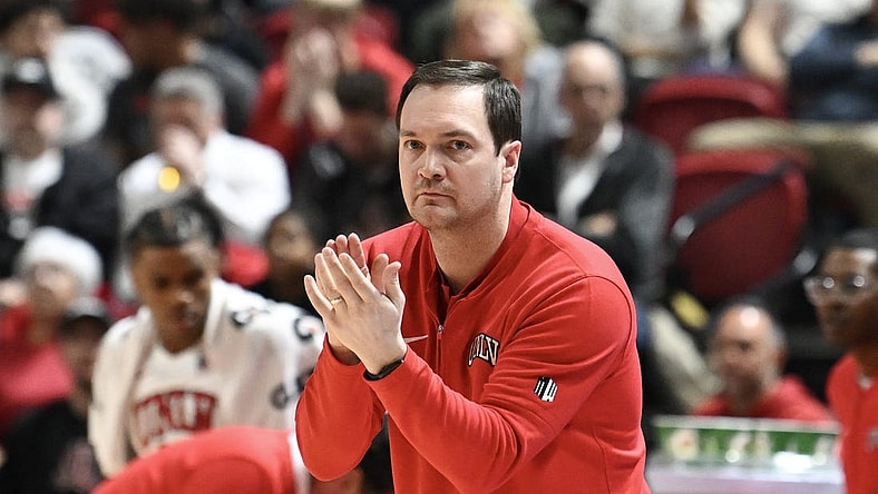 Mar 5, 2024; Las Vegas, Nevada, USA; UNLV Rebels head coach Kevin Kruger reacts to a play in the first half against the San Diego State Aztecs at Thomas & Mack Center. Mandatory Credit: Candice Ward-USA TODAY Sports