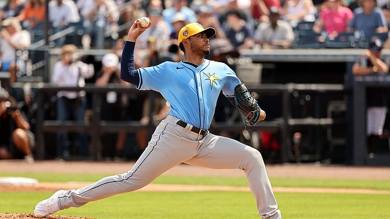Mar 6, 2024; Tampa, Florida, USA;Tampa Bay Rays starting pitcher Taj Bradley (45) throws a pitch during the first inning against the New York Yankees  at George M. Steinbrenner Field. Mandatory Credit: Kim Klement Neitzel-USA TODAY Sports