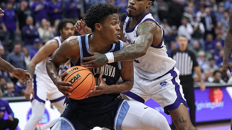 Mar 6, 2024; Newark, New Jersey, USA; Villanova Wildcats guard Jordan Longino (15) is guarded by Seton Hall Pirates guard Al-Amir Dawes (2) during the first half at Prudential Center. Mandatory Credit: Vincent Carchietta-USA TODAY Sports