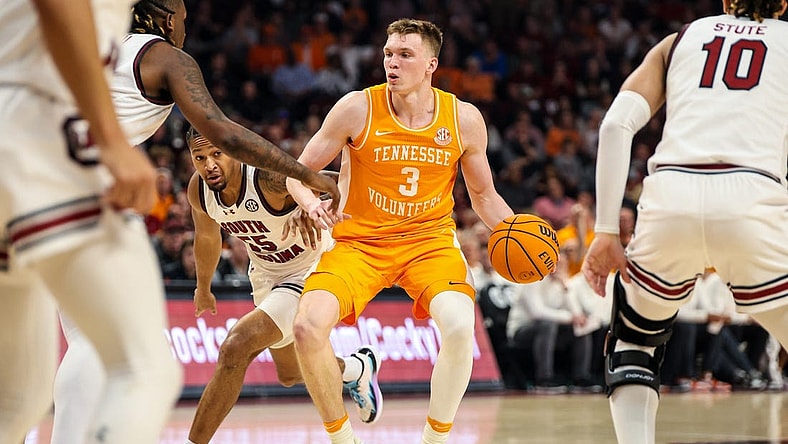 Mar 6, 2024; Columbia, South Carolina, USA; Tennessee Volunteers guard Dalton Knecht (3) drives against the South Carolina Gamecocks in the first half at Colonial Life Arena. Mandatory Credit: Jeff Blake-USA TODAY Sports