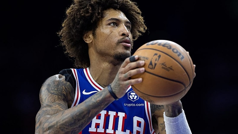 Mar 6, 2024; Philadelphia, Pennsylvania, USA; Philadelphia 76ers guard Kelly Oubre Jr. (9) shoots a foul shot against the Memphis Grizzlies during the second quarter at Wells Fargo Center. Mandatory Credit: Bill Streicher-USA TODAY Sports