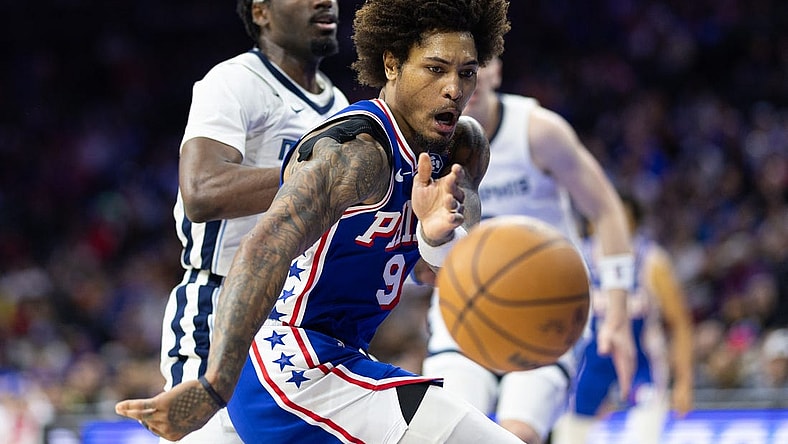 Mar 6, 2024; Philadelphia, Pennsylvania, USA; Philadelphia 76ers guard Kelly Oubre Jr. (9) looses control of the ball while driving against the Memphis Grizzlies during the second quarter at Wells Fargo Center. Mandatory Credit: Bill Streicher-USA TODAY Sports