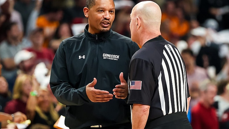 Mar 6, 2024; Columbia, South Carolina, USA; South Carolina Gamecocks head coach Lamont Paris disputes a call against the Tennessee Volunteers in the second half at Colonial Life Arena. Mandatory Credit: Jeff Blake-USA TODAY Sports