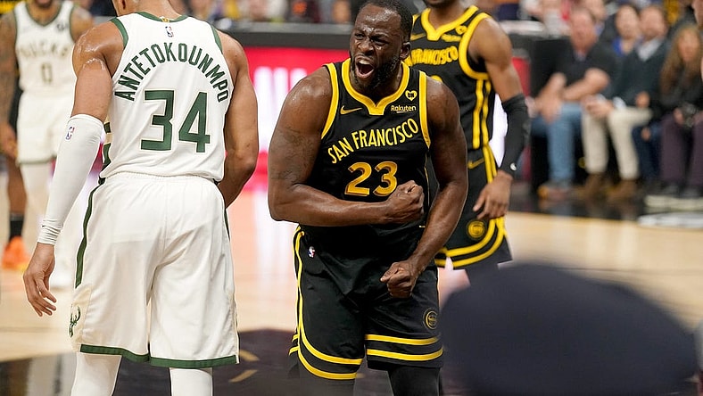 Mar 6, 2024; San Francisco, California, USA; Golden State Warriors forward Draymond Green (23) reacts after being called for a foul against the Milwaukee Bucks in the first quarter at the Chase Center. Mandatory Credit: Cary Edmondson-USA TODAY Sports