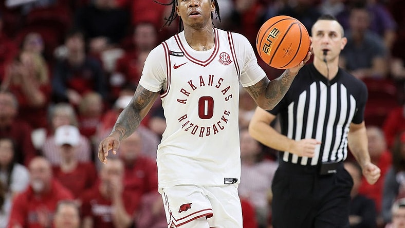 Mar 6, 2024; Fayetteville, Arkansas, USA; Arkansas Razorbacks guard Khalif Battle (0) during the second half against the LSU Tigers at Bud Walton Arena. Arkansas won 94-83. Mandatory Credit: Nelson Chenault-USA TODAY Sports