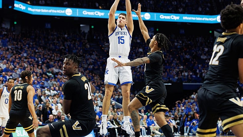 Mar 6, 2024; Lexington, Kentucky, USA; Kentucky Wildcats guard Reed Sheppard (15) shoots the ball during the second half against the Vanderbilt Commodores at Rupp Arena at Central Bank Center. Mandatory Credit: Jordan Prather-USA TODAY Sports