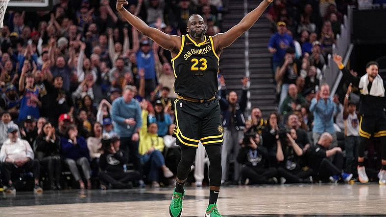 Mar 6, 2024; San Francisco, California, USA; Golden State Warriors forward Draymond Green (23) reacts after making a three point basket against the Milwaukee Bucks in the fourth quarter at the Chase Center. Mandatory Credit: Cary Edmondson-USA TODAY Sports