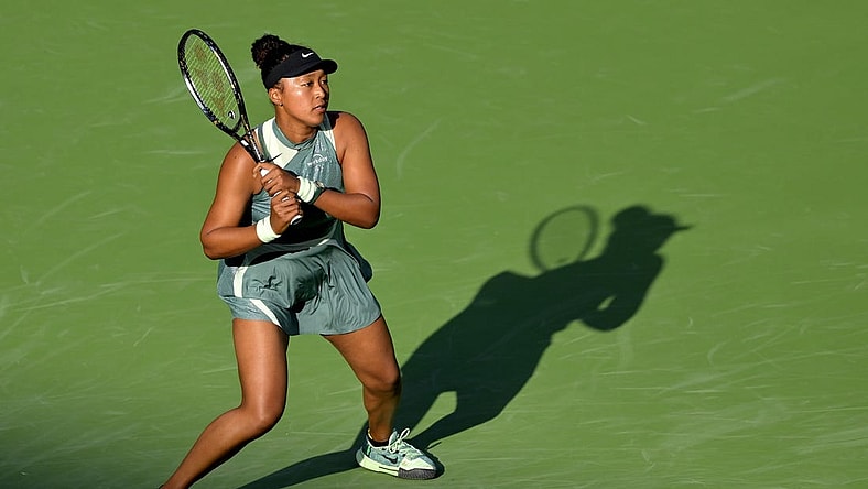 Mar 7, 2024; Indian Wells, CA, USA; Naomi Osaka (JPN) hits a shot during her first round match against Sara Errani (ITA) in the BNP Paribas Open at the Indian Wells Tennis Garden. Mandatory Credit: Jayne Kamin-Oncea-USA TODAY Sports
