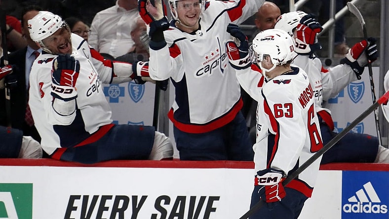 Mar 7, 2024; Pittsburgh, Pennsylvania, USA; Washington Capitals left wing Ivan Miroshnichenko (63) celebrates his first career NHL goal with the Capitals bench against the Pittsburgh Penguins during the second period at PPG Paints Arena. Mandatory Credit: Charles LeClaire-USA TODAY Sports